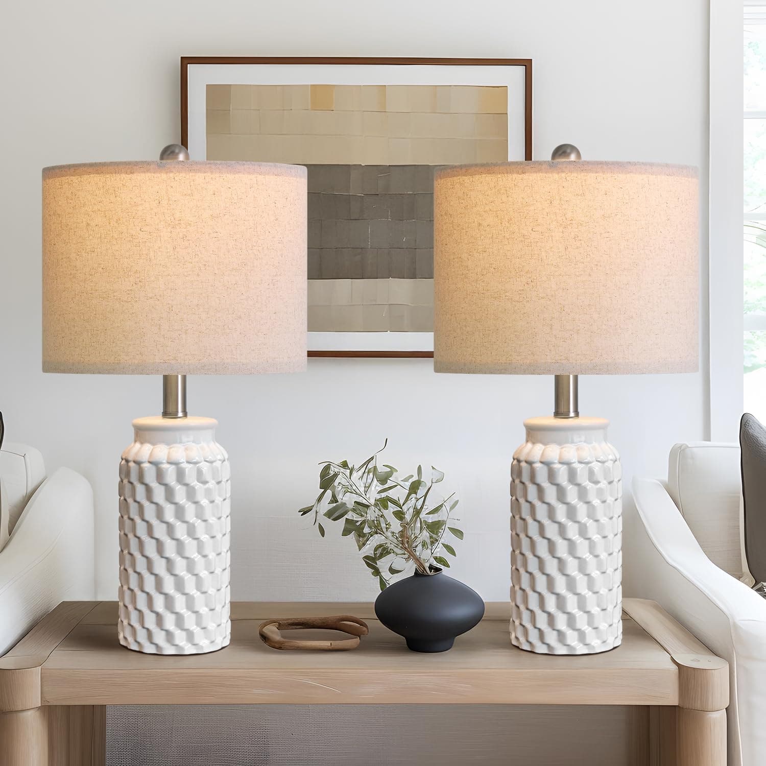 Set of 2 Modern White Ceramic Bedside Lamps