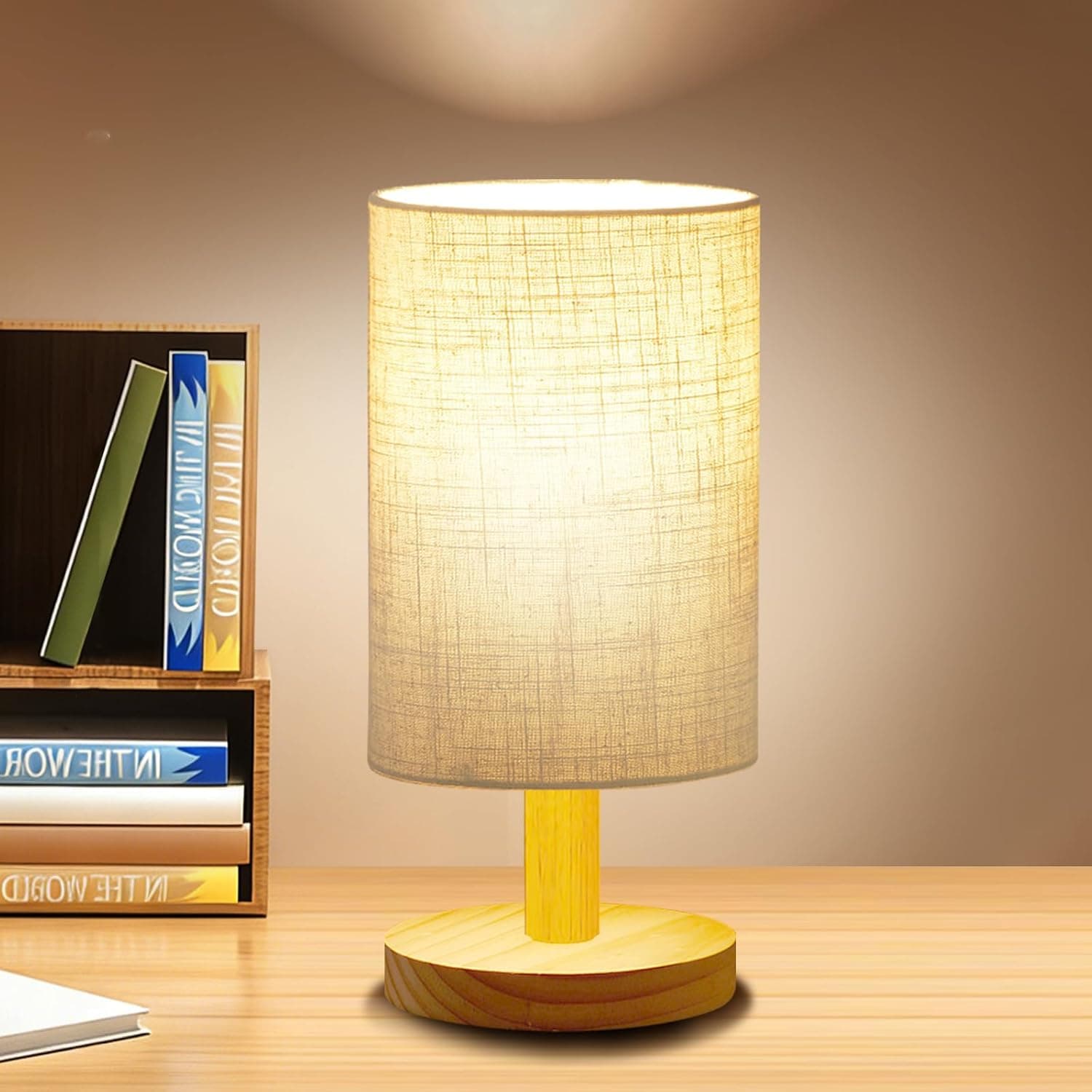 Small Table Lamp with Wood Base & Fabric Shade