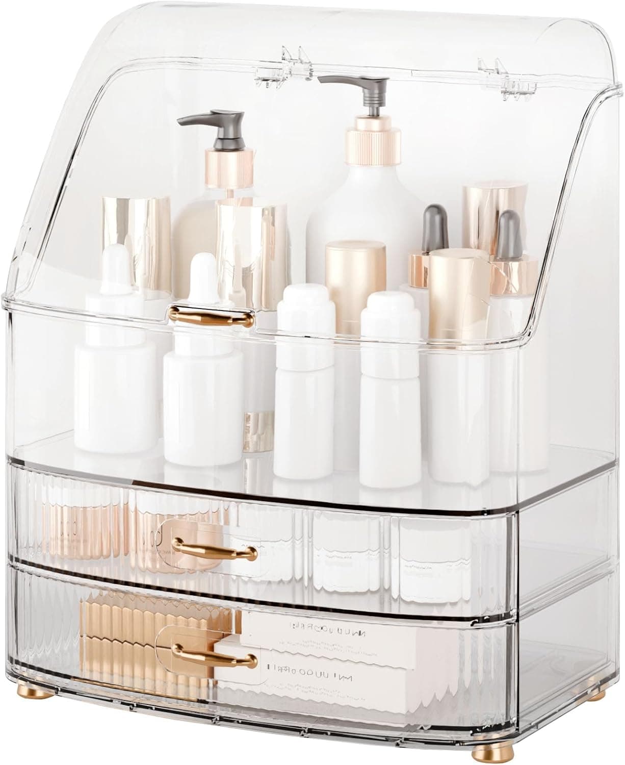 Plukers Makeup Organizer Countertop Vanity with Transparent Lid Drawers Waterproof Dustproof Cosmetic Skincare Bathroom Storage Gift for Women Teens Girls (Clear Whtie)