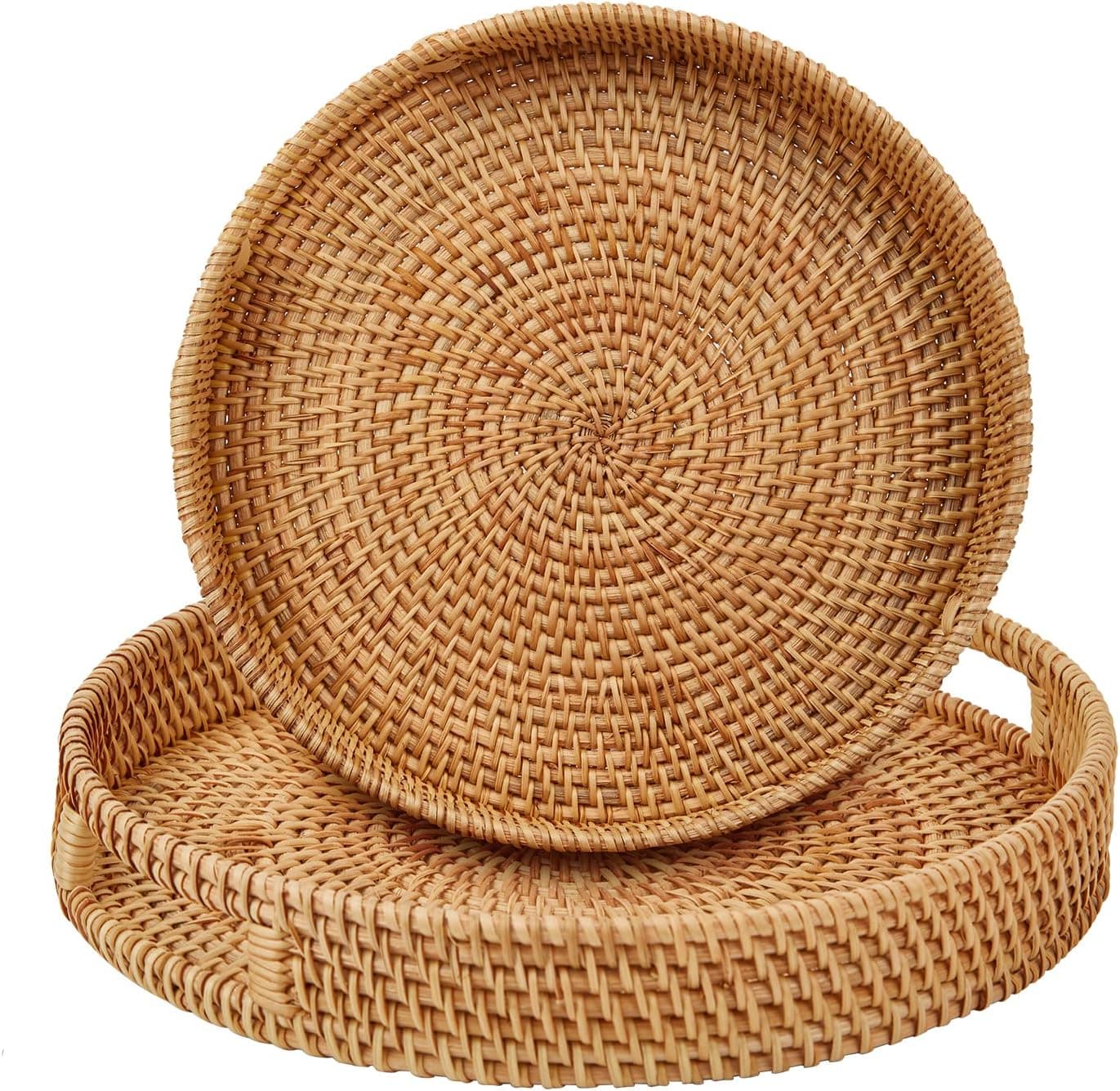 Round Rattan Serving Trays with Handles (Set of 2)
